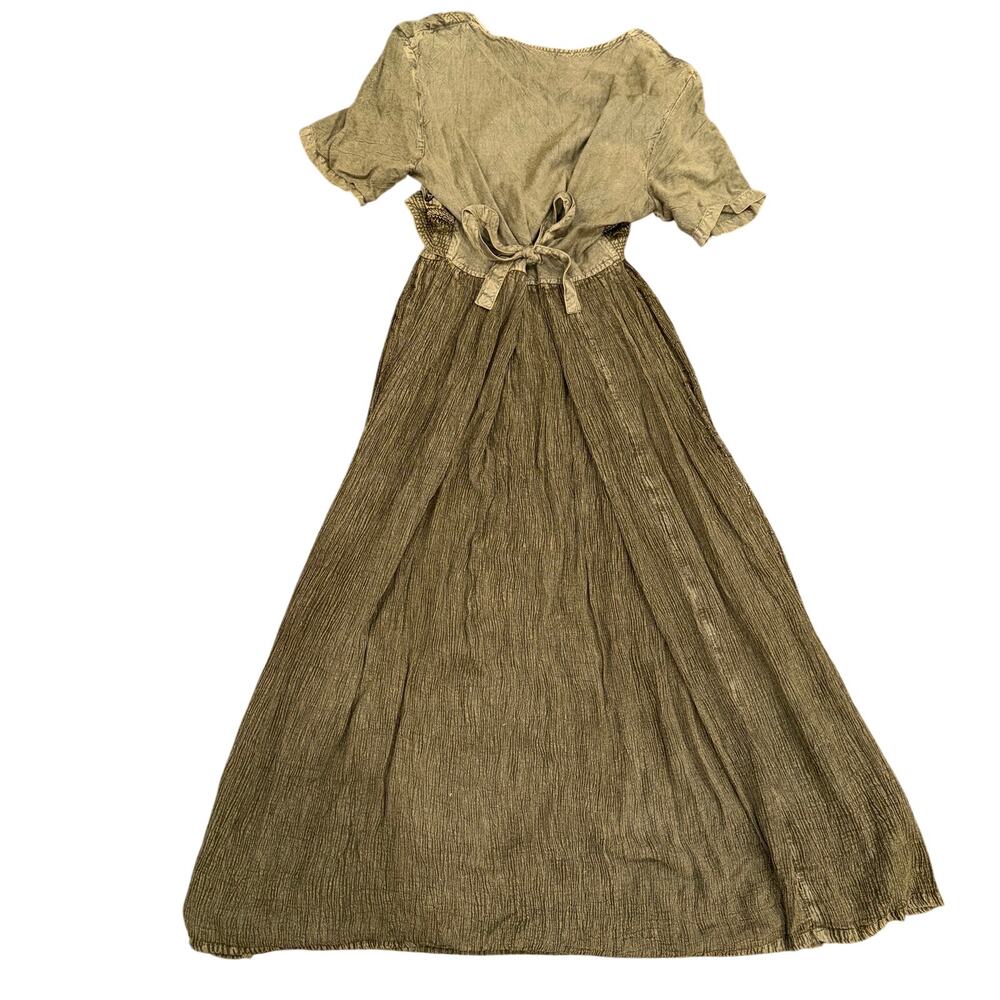 Vintage 100% Rayon Olive Embroidered Boho Lagenlook Prairie Maxi Dress S/M - Picture 6 of 10